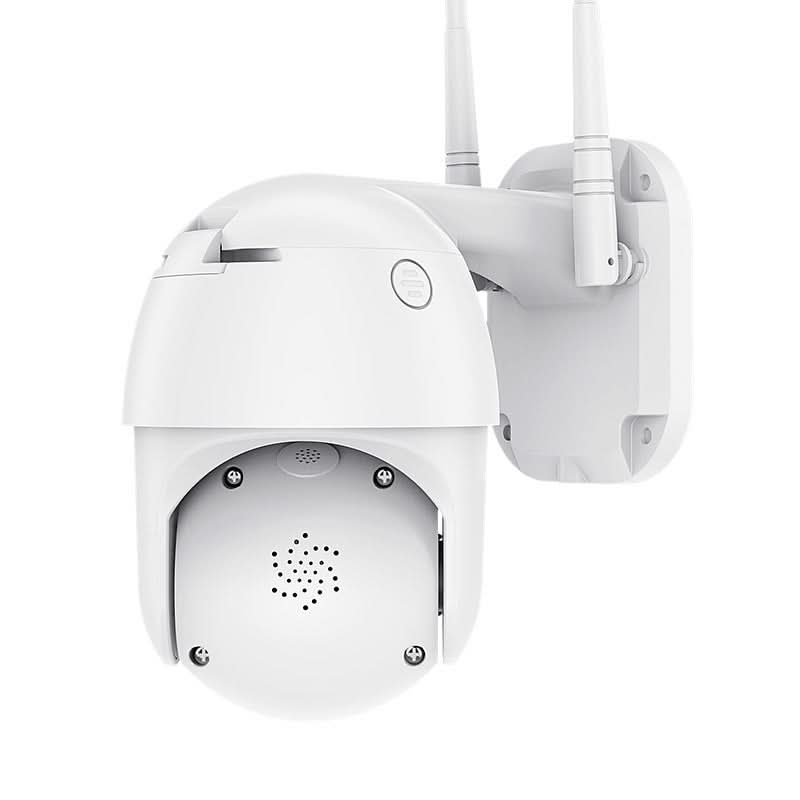 A6 Wireless Outdoor WiFi Security Camera mounted on a wall, featuring antennas and LED lights for surveillance.