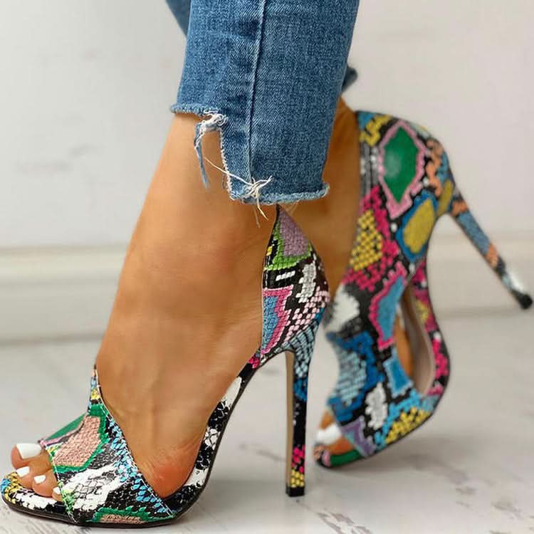 Women's Summer Fashion Floral Peep-Toe High Heels – Stiletto showcased with colorful snakeskin pattern and high stiletto heel.