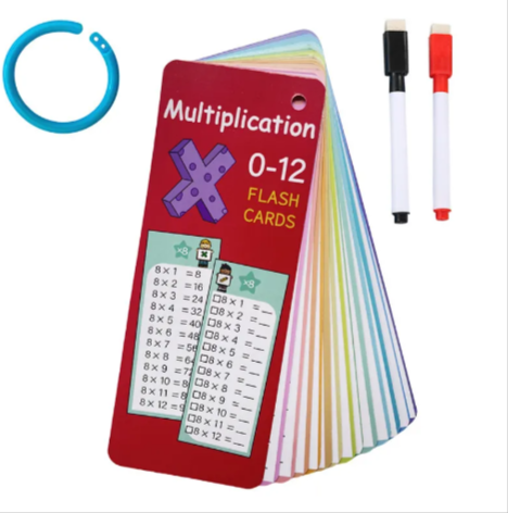 Reusable Math Learning Flash Cards featuring multiplication cards for 0-12 with erasable surface and markers.