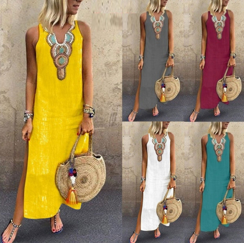 Women's Sleeveless V-Neck Cotton Linen Maxi Dress