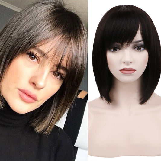 Real Hair Wig with Ribbon Bangs Head Cover