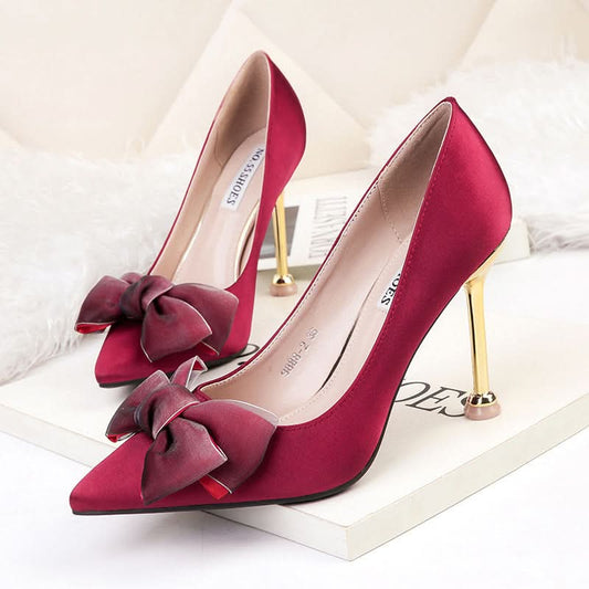 Women's Stylish Satin Pointed Toe High Heels with Bow – Elegant 