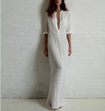 Deep V Cotton-Linen Dress, Long Sleeve Split Maxi Dress