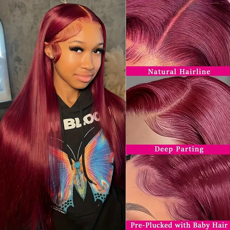 Wine Red Medium Long Straight Fluffy Hair Wig for Women