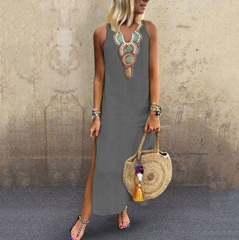 Women's Sleeveless V-Neck Cotton Linen Maxi Dress