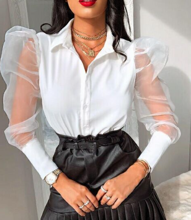 Puff Sleeve Long Sleeve Sheer Blouse