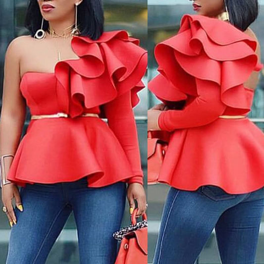 Fashionable Plus Size Women's Blouse in red with ruffled design, perfect for spring and summer styling.