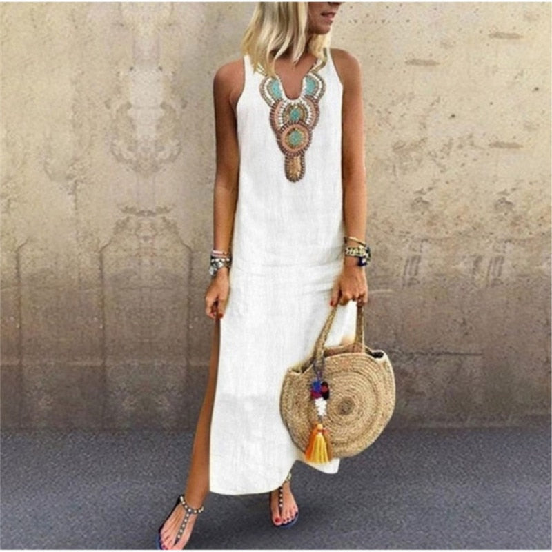 Women's Sleeveless V-Neck Cotton Linen Maxi Dress