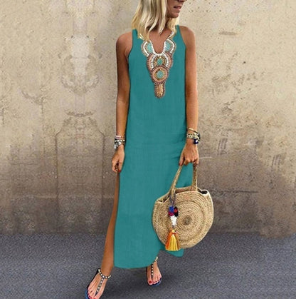 Women's Sleeveless V-Neck Cotton Linen Maxi Dress