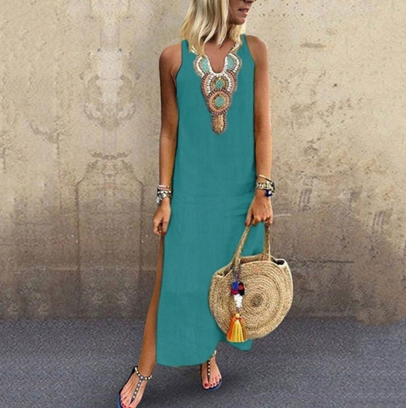 Women's Sleeveless V-Neck Cotton Linen Maxi Dress