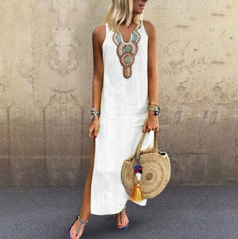 Women's Sleeveless V-Neck Cotton Linen Maxi Dress