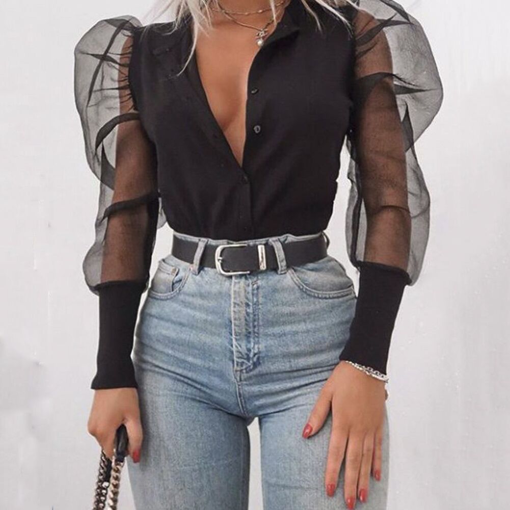 Puff Sleeve Long Sleeve Sheer Blouse