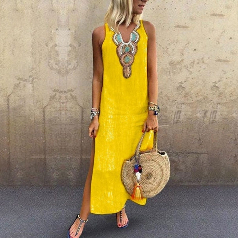 Women's Sleeveless V-Neck Cotton Linen Maxi Dress