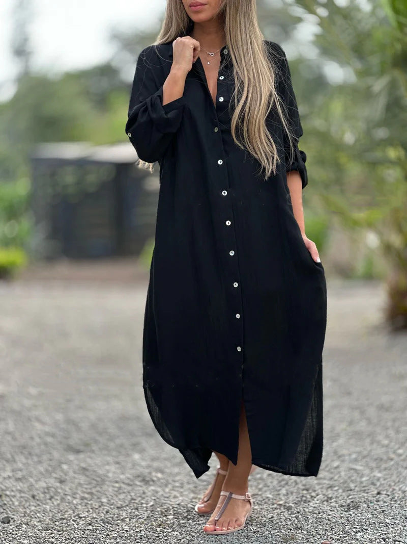 Deep V Cotton-Linen Dress, Long Sleeve Split Maxi Dress
