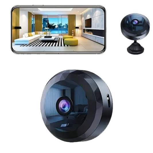 Diamond WiFi HD Security Camera wirelessly monitoring an indoor living space with a smartphone.