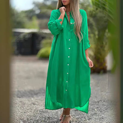 Deep V Cotton-Linen Dress, Long Sleeve Split Maxi Dress