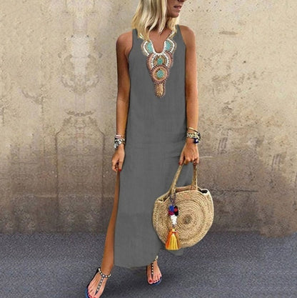 Women's Sleeveless V-Neck Cotton Linen Maxi Dress