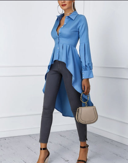 Solid Color Lantern Sleeve Tail Dress & Button Shirt Dress