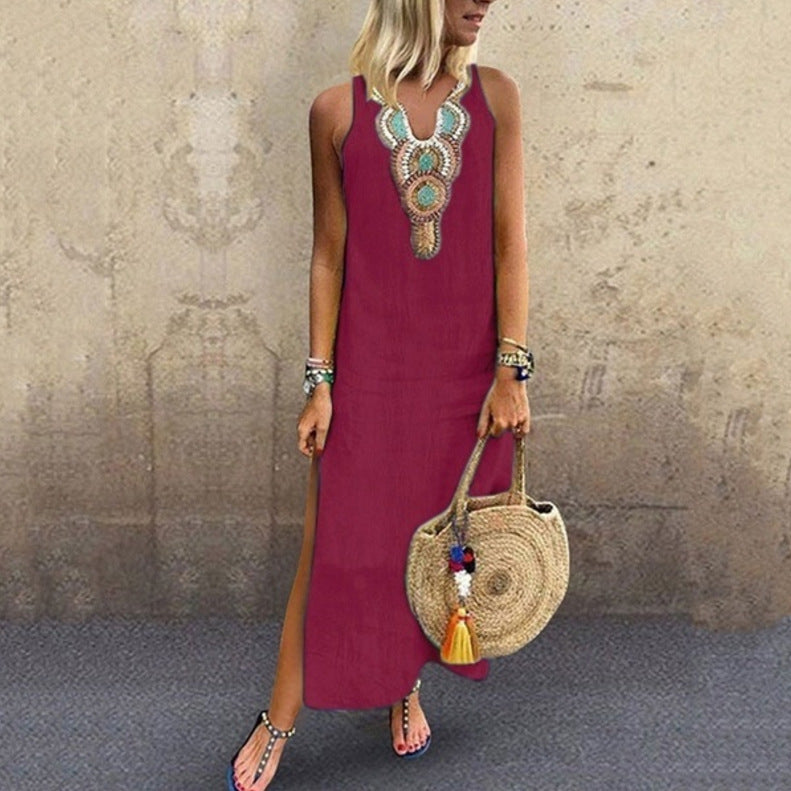 Women's Sleeveless V-Neck Cotton Linen Maxi Dress