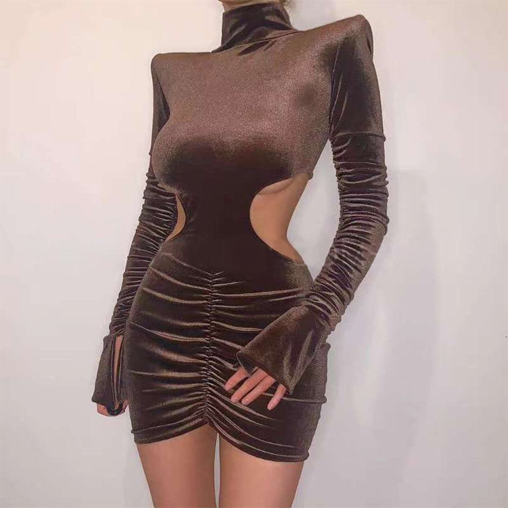 Elegant Velvet High Neck Bag Hip Skirt Dress